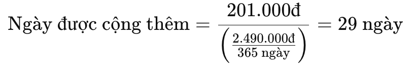 giá trị mỗi ngày của gói 1 TB là 2490000 chia cho 365 ngày. Sau đó lấy 201 nghìn chia cho kết quả này, thu được 29 ngày được cộng thêm.